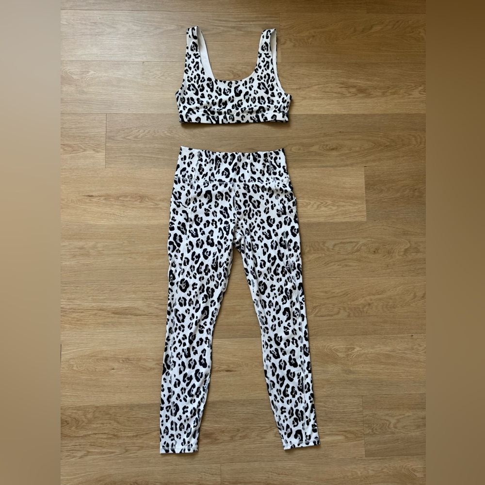 Fabletics White and Black Leopard Print Leggings & Sports Bra Set